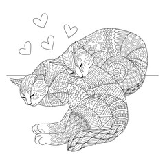 Fototapeta premium Editable stroke width lines. Cute two cats sleeping for cards, t shirt design, adult coloring book, coloring page and print on other things. Vector illustration