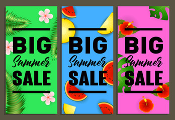 Big summer sale vertical banners design. Tropical flowers, leaves and fruits on green, blue and magenta background. Vector illustration can be used for posters, flyers, signs