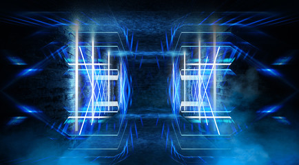 Tunnel in blue neon light, underground passage. Abstract blue background. Background of an empty black corridor with neon light. Abstract background with lines and glow. 3D illustration.