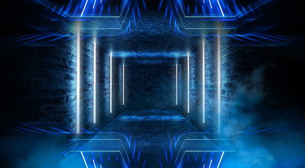 Tunnel in blue neon light, underground passage. Abstract blue background. Background of an empty black corridor with neon light. Abstract background with lines and glow. 3D illustration.