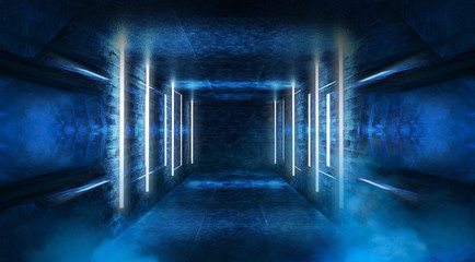 Tunnel in blue neon light, underground passage. Abstract blue background. Background of an empty black corridor with neon light. Abstract background with lines and glow. 3D illustration.