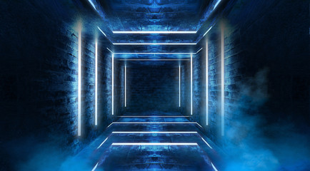 Tunnel in blue neon light, underground passage. Abstract blue background. Background of an empty black corridor with neon light. Abstract background with lines and glow. 3D illustration.