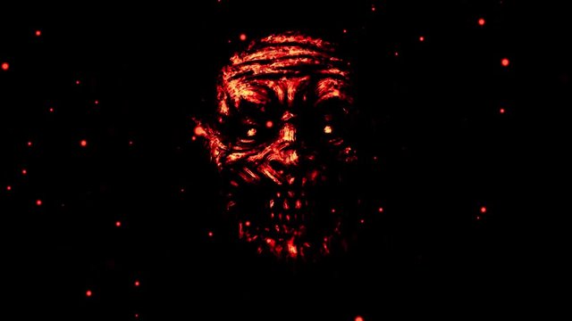Scary burning zombie face with glitch effect. Digital 2D animation horror fantasy genre. Creepy monster character head. Angry  devil eyes. Dark suspense movie. Cruel ghost spooky animated viodeo clip.
