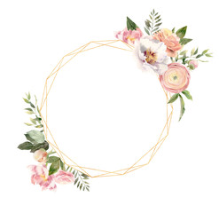 Golden frame template mockup with handpainted  watercolor blooming flowers