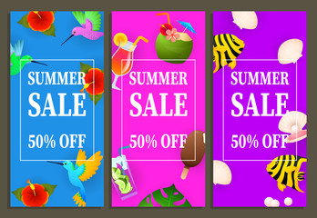 Fototapeta na wymiar Summer sale vertical banners design. Fly birds, coconut cocktail, tropical fish on blue, pink and purple background. Vector illustration can be used for posters, flyers, signs