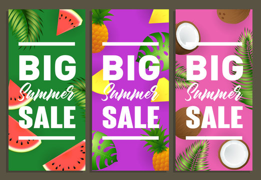 Summer sale vertical banners design. Watermelon, pineapple slices, coconut and tropical leaves on green, violet and pink background. Vector illustration can be used for posters, flyers, signs