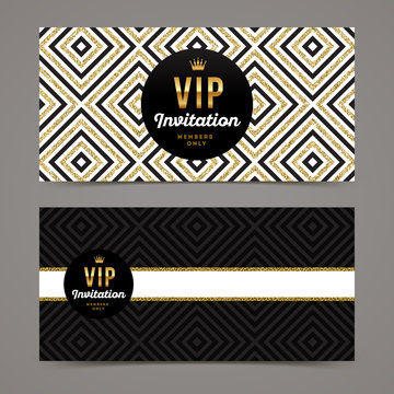 Template design for VIP invitation with glitter gold geometric background. Vector illustration.