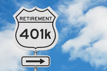 Poster Pensioen met 401k plan route op een snelweg verkeersbord in de VS © Karen Roach