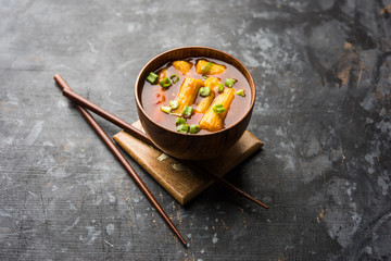 Baby Corn Manchurian with gravy - popular Indo-chinese recipe. selective focus