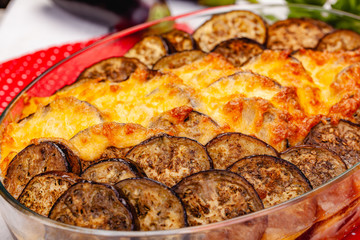 Greek Moussaka dish with minced meat, aubergine and sauce bechamel. Close up