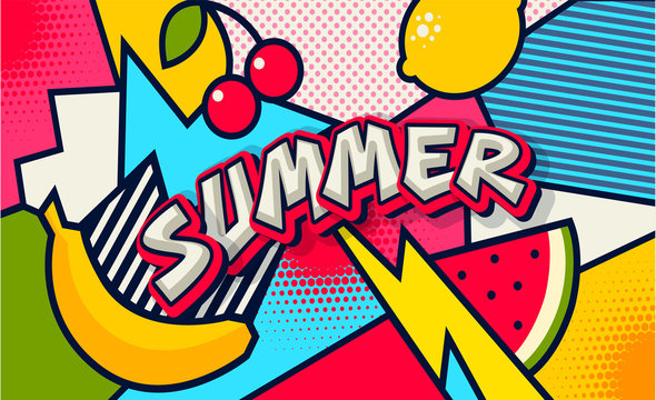 Summer. Pop art poster or banner. Funny comic fresh summer word. Social Media Communication. Trendy colorful retro vintage fruit background. Banana, watermelon, lemon and cherry vector illustration.