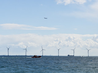 Offshore wind turbines on the coast of Copenhagen in Denmark 