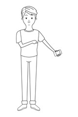 Young man with smartphone cartoon in black and white