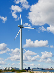 Offshore wind turbines on the coast of Copenhagen in Denmark 