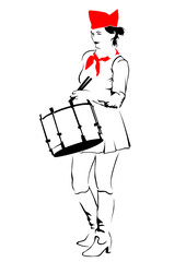 Young drummer in form of the Soviet pioneer on a white background
