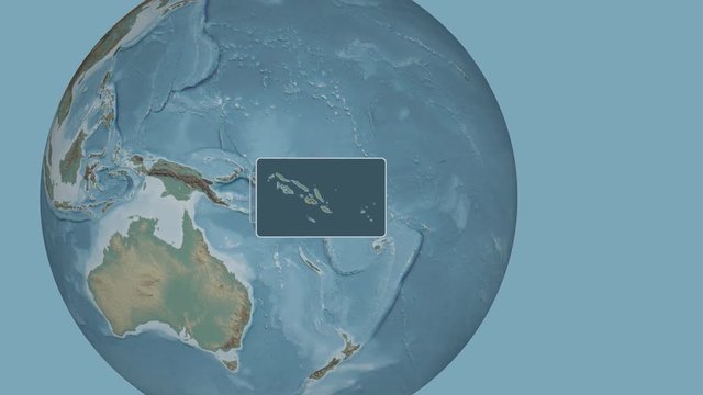 Solomon Islands area bounds outlined on the end cap of rectangular tube and animated against the spinning relief globe. Animation 3D