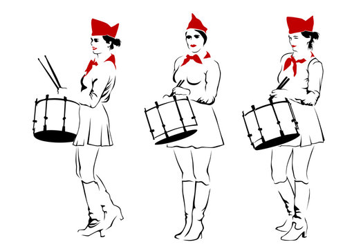 Young drummer in form of the Soviet pioneer on a white background