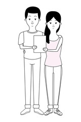 Millennial couple cartoon in black and white