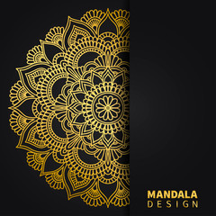Golden mandala design. Ethnic round ornament. Hand drawn indian motif. Unique golden floral print. Elegant invitation card for wedding. Abstract luxury background. Mehendi meditation yoga henna theme.