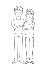 Millennial couple cartoon in black and white