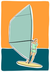 Single female windsurfer on windsurf board. Vector flat illustration. Colorful drawing. Isolated black contour and colors.