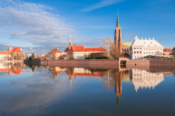 Cathedral of St. John the Baptist twin towers Odra river sunset Wroclaw, Poland, Europe