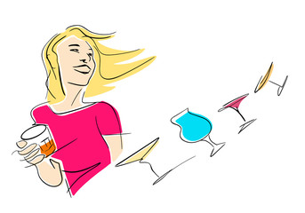 Blonde in a pink dress at the bar. Fun party colorful illustration. Isolated black contour and candy colors. Abstract drawing. Sketch style.