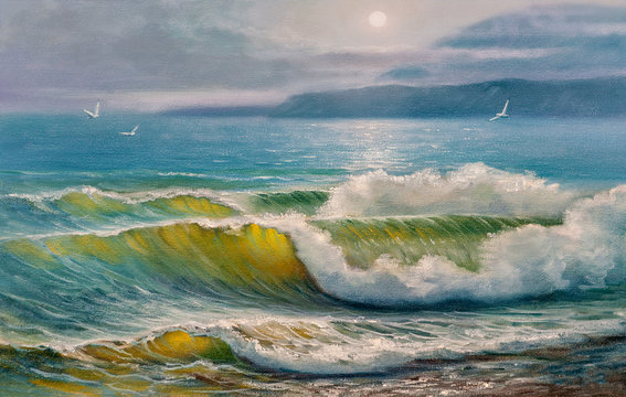 Oil painting of the sea on canvas.