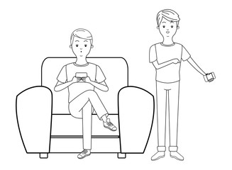 young men cartoon in black and white