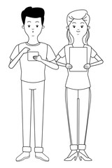 Millennial couple cartoon in black and white