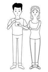Millennial couple cartoon in black and white