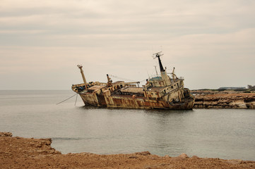 Abandoned old ship near cyprian shallow coast