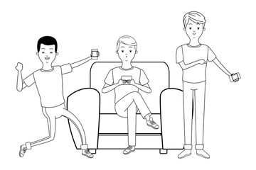 young men cartoon in black and white