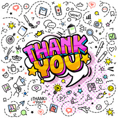 Thank You. Doodle background with hand drawn icons. Line art
