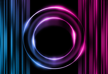 Dark abstract futuristic background. Neon lines and shapes. Neon glow and rays on a dark background