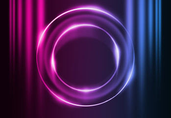 Dark abstract futuristic background. Neon lines and shapes. Neon glow and rays on a dark background