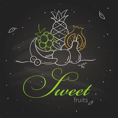 Line style banner with icons of sweet fruits on blackboard. Hand drawn modern nutrition concept. Food banner template