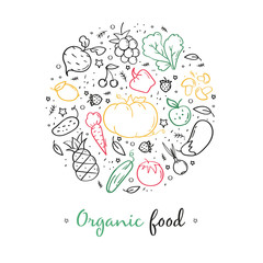 Line style banner of organic food. Hand drawn modern nutrition concept. Food banner template