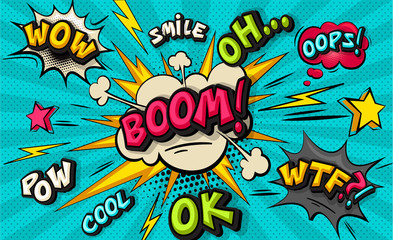 Bulle de nuage de boom pop art. Sourire, wow, pow, cool, ok, oups, bulle de dialogue drôle wtf. Fond vintage rétro coloré à la mode dans un style bande dessinée rétro pop art. Illustration facilement modifiable pour votre conception.