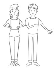 Millennial couple cartoon in black and white