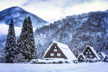 The landscape of Japan. Shirakawago twightlight. Historic Village of Shirakawago in winter, Japan.