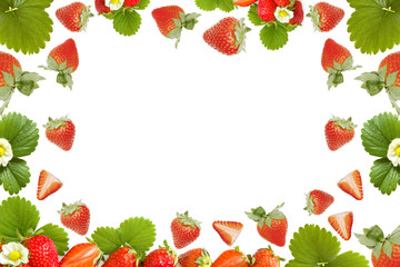 Frame made of fresh group Ripe juicy strawberries and green leaves isolated on a white background.Flat lay.