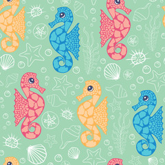 Vector colorful playful seahorses swimming on sea green seamless pattern background. Perfect for wallpaper, scrapbooking, invitations, or fabric application