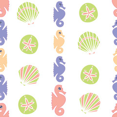 Vector colorful pastel seahorse and seashells on clean white seamless pattern texture background. Perfect for wallpaper, scrapbooking, invitations, or fabric.