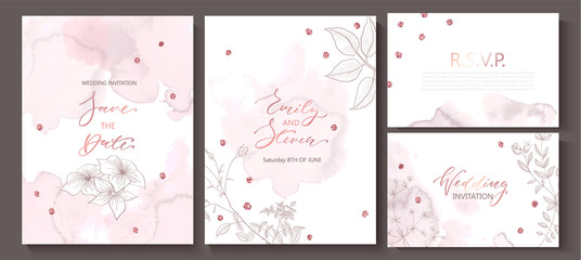 Wedding invitation cards with watercolor texture,hand-drawn flowers and plants,geometric shapes and sequins.Vector illustration.