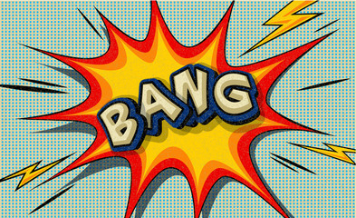 Bang!  Pop art cloud bubble. Wow funny speech bubble. Trendy Colorful retro vintage background in pop art retro comic style. Vector Illustration easy editable for design. Explosion comic cartoon