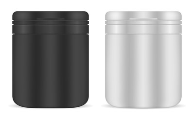 Pill bottle Set. Plastic Medicine Container. Medical Supplement Package for Tablet, Capsule. Realistic 3d Drug Jar Template. Round Packaging for Prescription Medication. Black and White Design Set.
