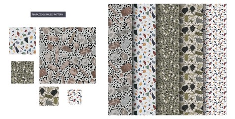 Seamless Terrazzo Pattern Set. Stone Texture. Modern Flooring Surface Decor. Continuity Architecture Granite Decoration. Abstract Shape Repeat Print. Regular Polished Grunge Mars Blot.
