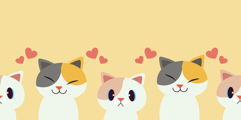 A group of cat is seamless pattern.Seamless pattern of cute cat set. cute character cat with heart patten.Happy cat is smiling.Doodle cartoon style. cute flat vector style