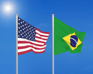 United States of America vs Brazil. Thick colored silky flags of America and Brazil. 3D illustration on sky background. - Illustration